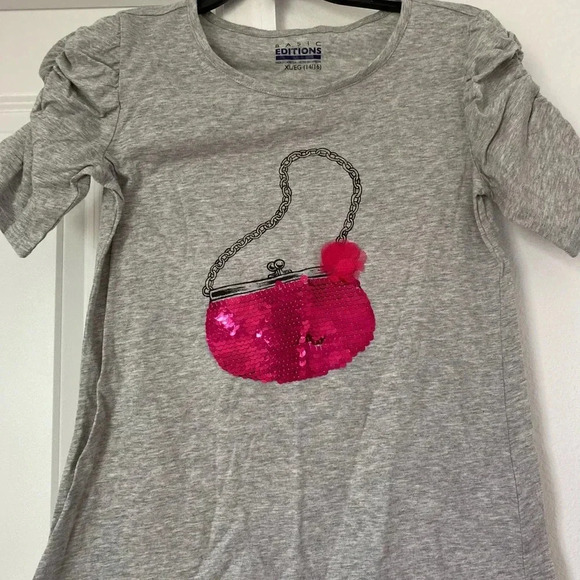 Basic Editions Girls Sequin Grey Pink Tee 14 /16 Size XL ruffled shoulder sleeve - Picture 3 of 9